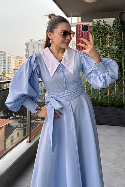 Madam Bebe Yaka Tasarım Gömlek Elbise - Bebe Mavi