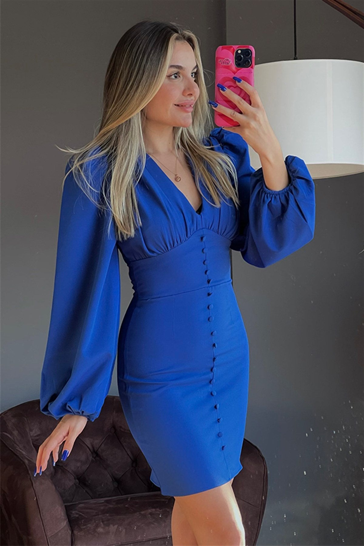 Madam saks mavi vatkalı elbise