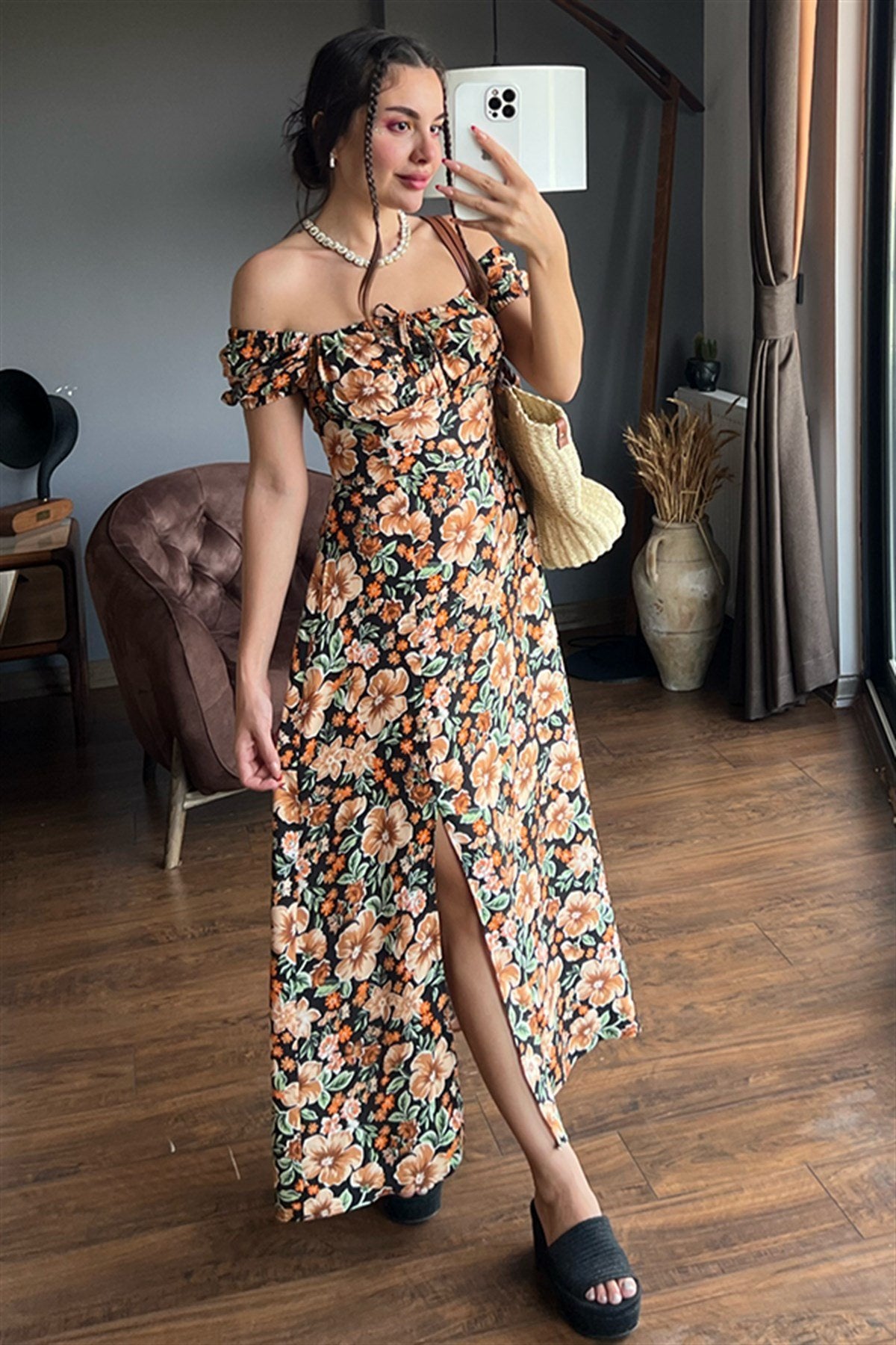 Madonna kol turuncu çiçekli yırtmaçlı elbise