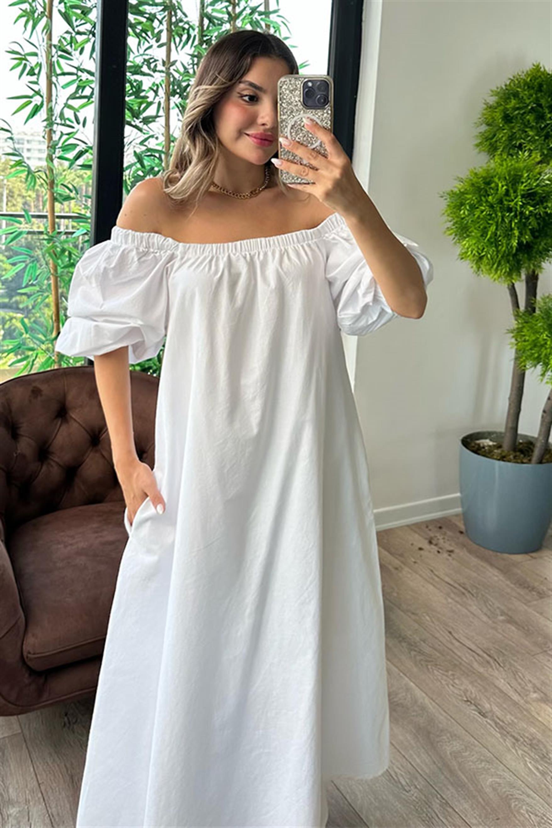 Madonna yaka beyaz poplin elbise