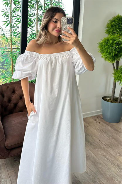 Madonna yaka beyaz poplin elbise