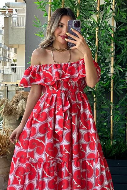 Madonna yaka kırmızı desenli elbise