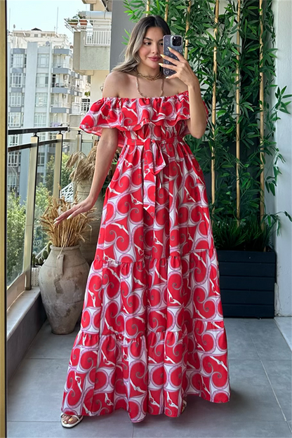 Madonna yaka kırmızı desenli elbise