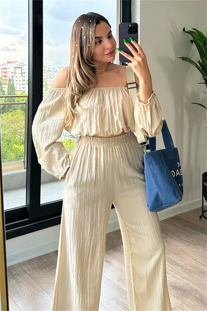 Madonna yaka krem gofre takım