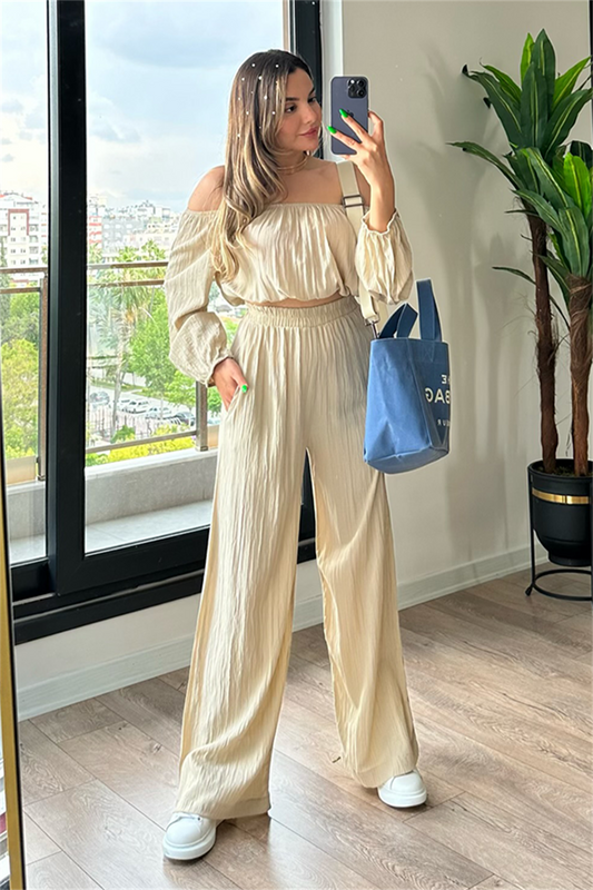 Madonna yaka krem gofre takım