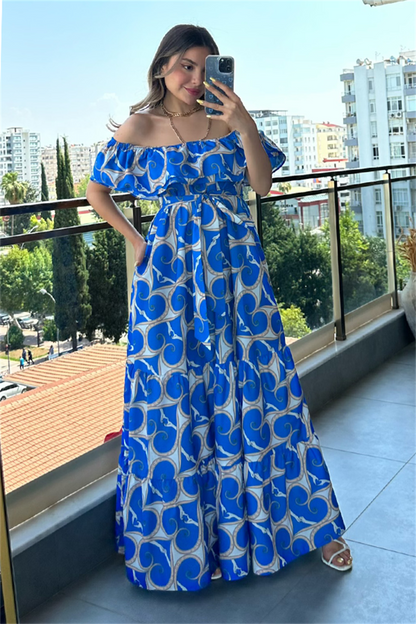 Madonna yaka mavi desenli elbise