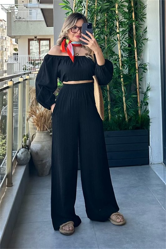 Madonna yaka siyah gofre takım