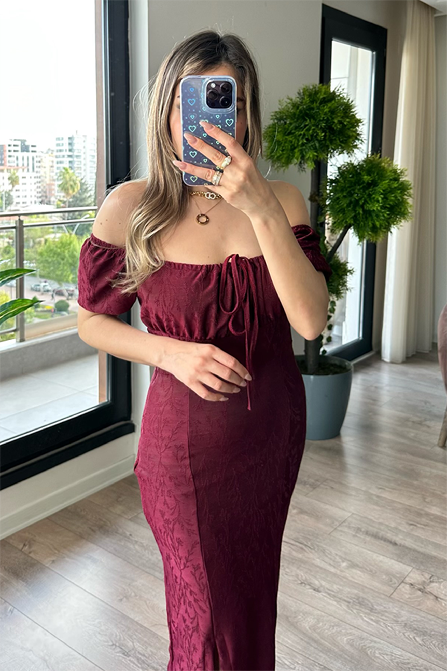 Magıc kayık yaka bordo elbise