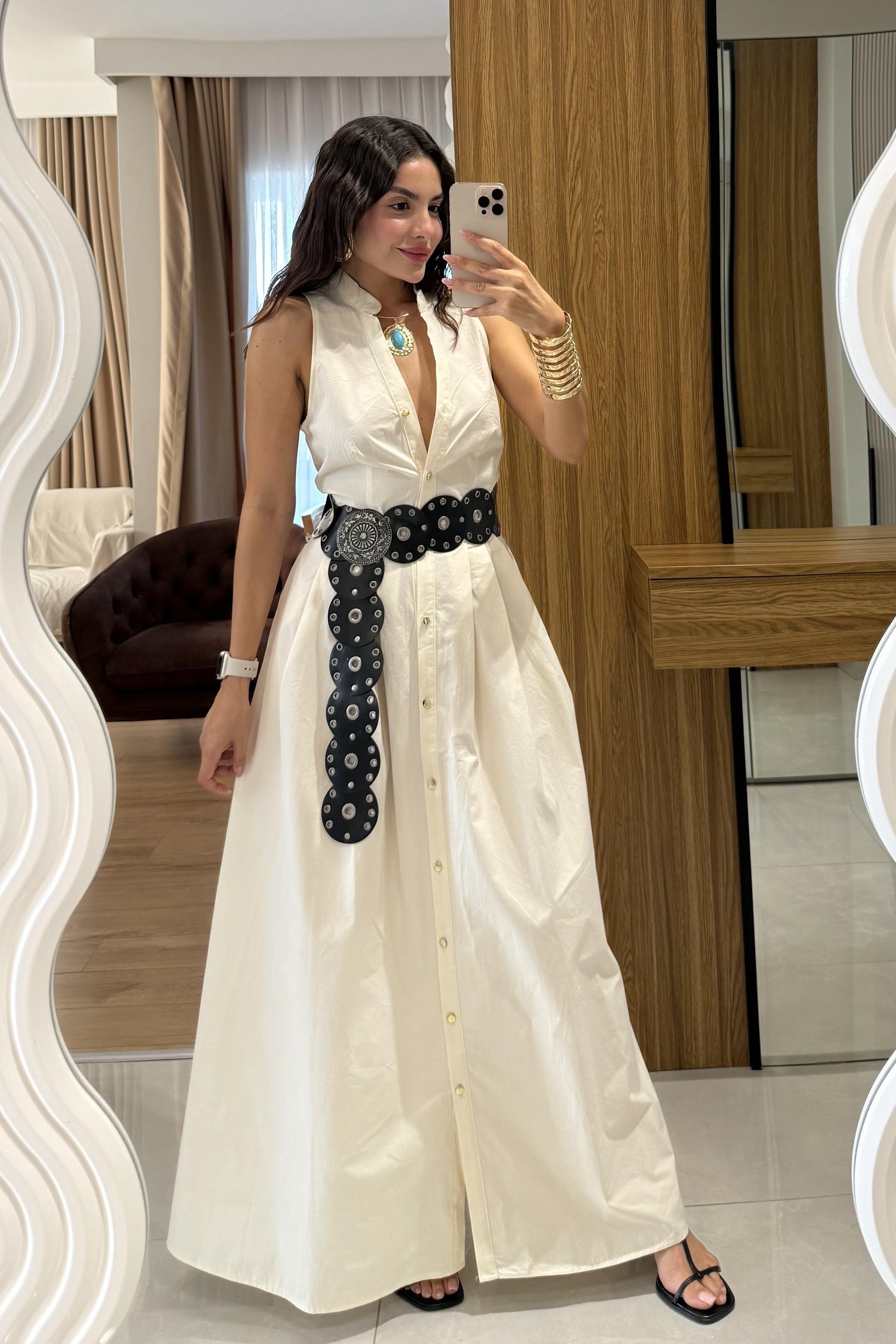 Magnolia Ekru Kemerli Poplin Elbise