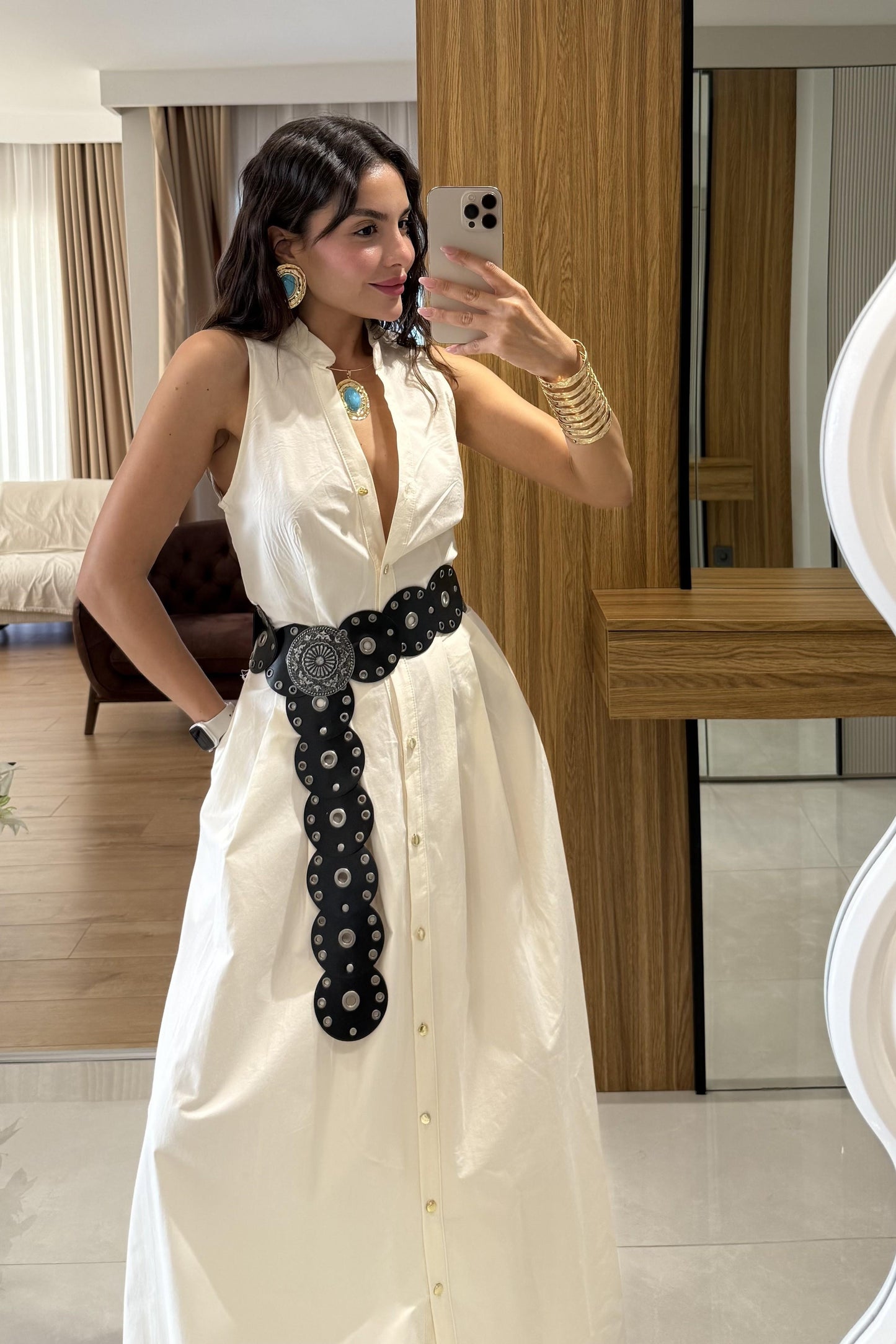 Magnolia Ekru Kemerli Poplin Elbise