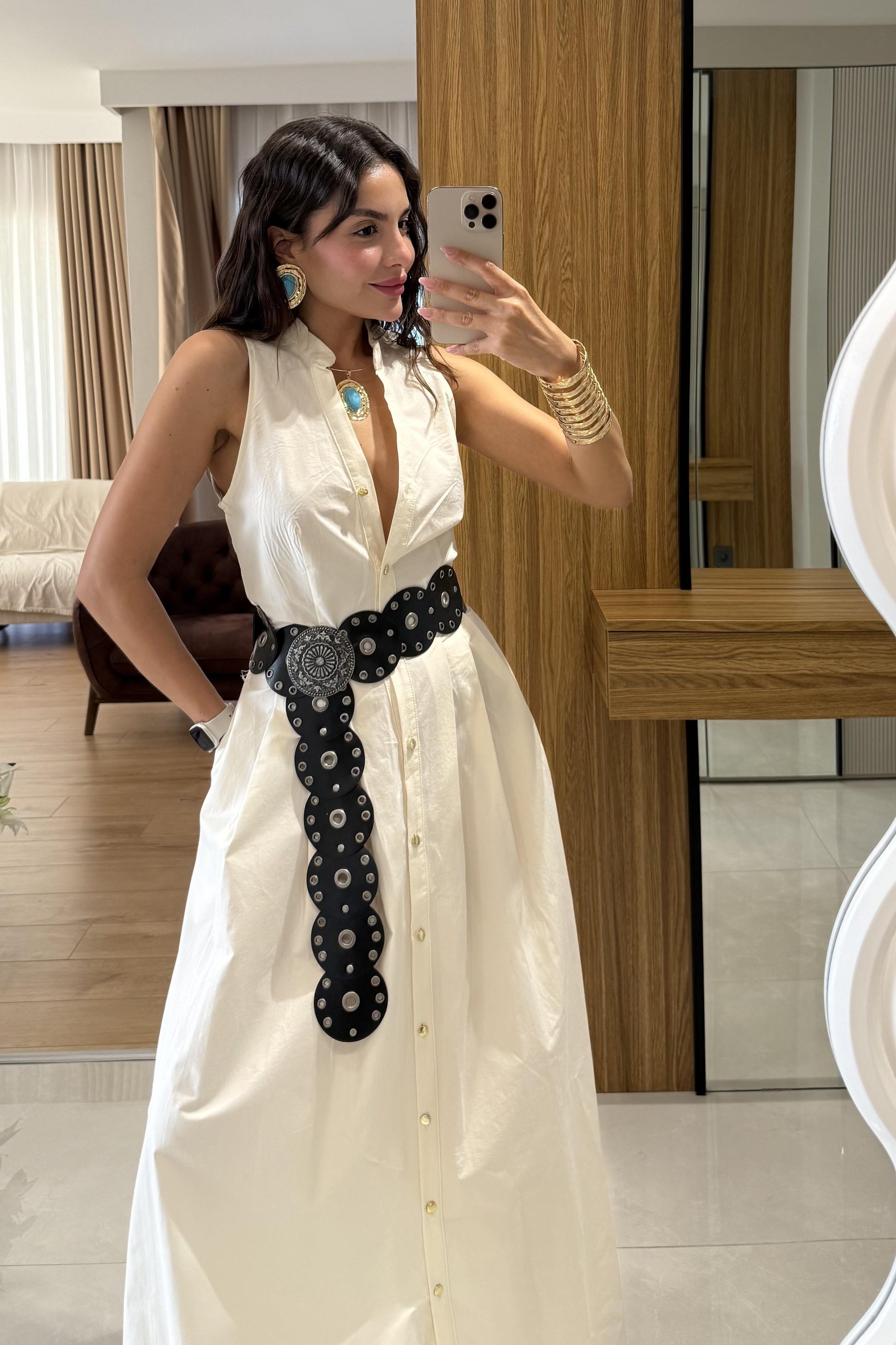 Magnolia Ekru Kemerli Poplin Elbise