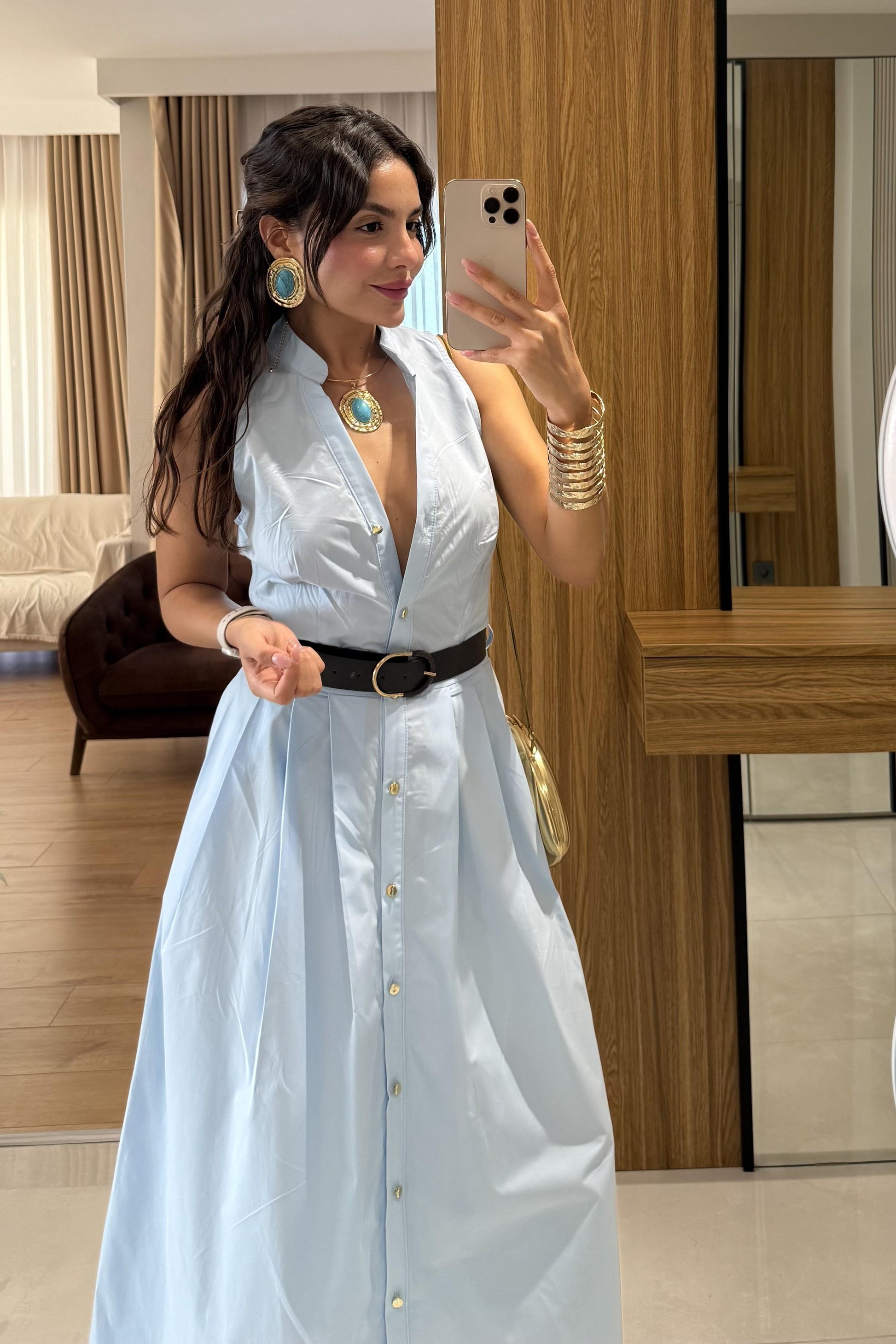 Magnolia Mavi Kemerli Poplin Elbise