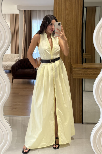 Magnolia Sarı Kemerli Poplin Elbise