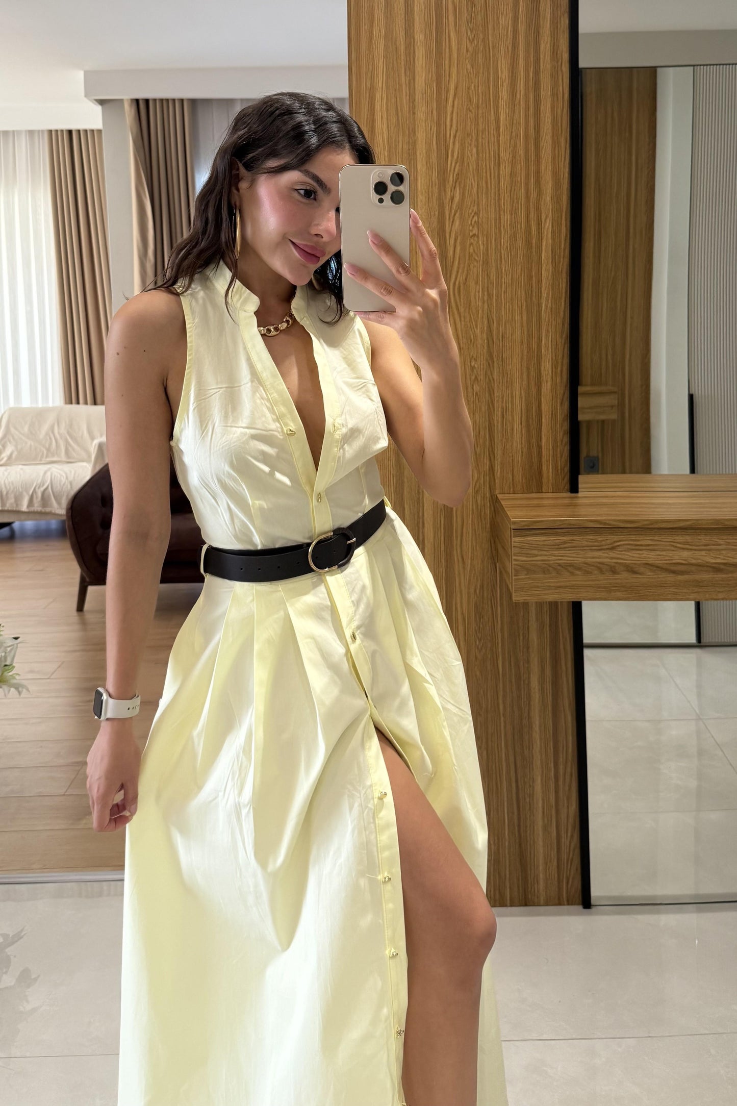 Magnolia Sarı Kemerli Poplin Elbise