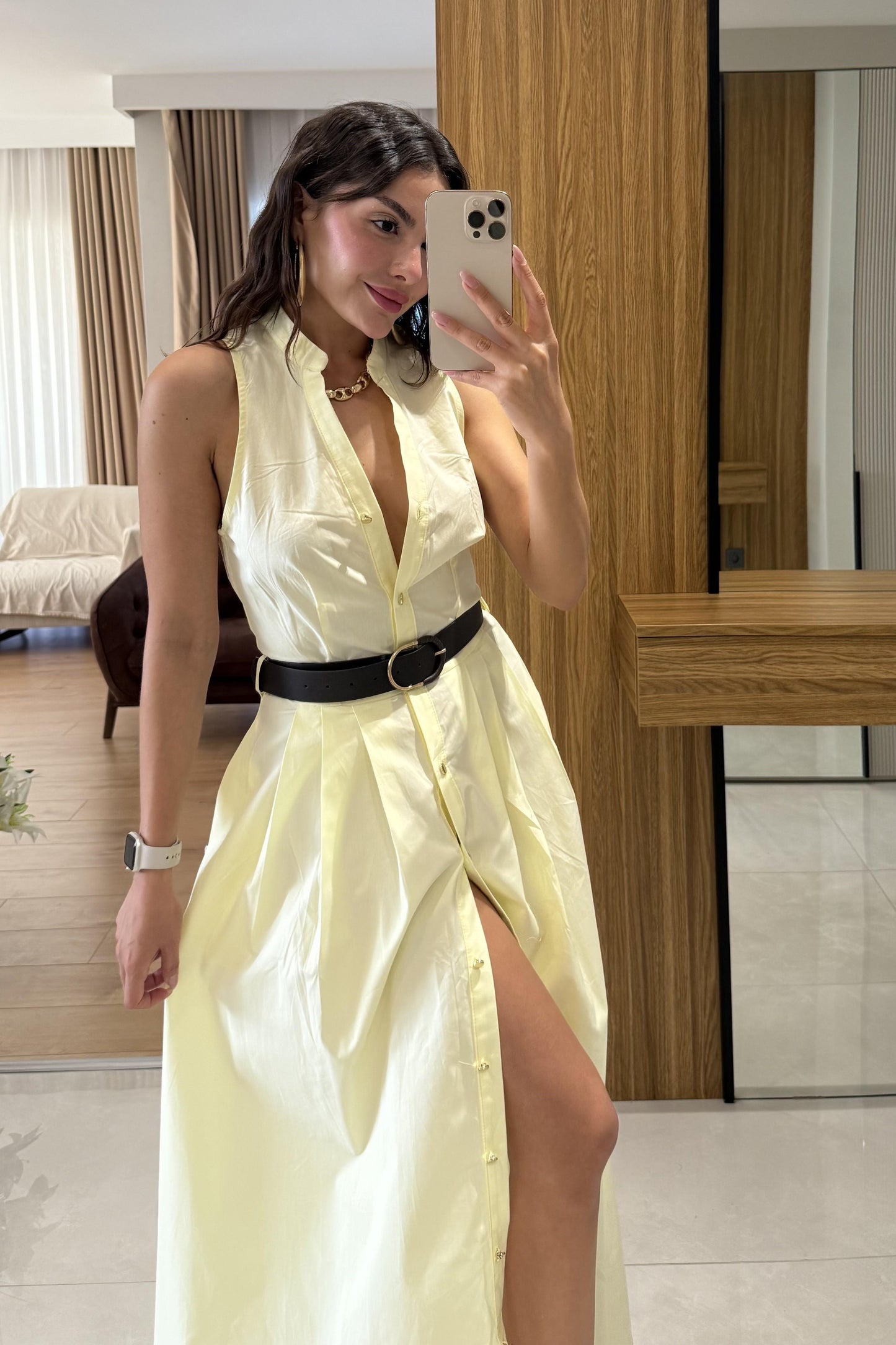 Magnolia Sarı Kemerli Poplin Elbise