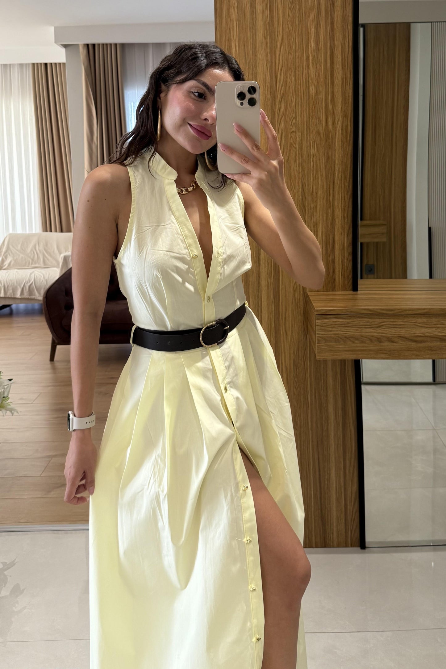 Magnolia Sarı Kemerli Poplin Elbise