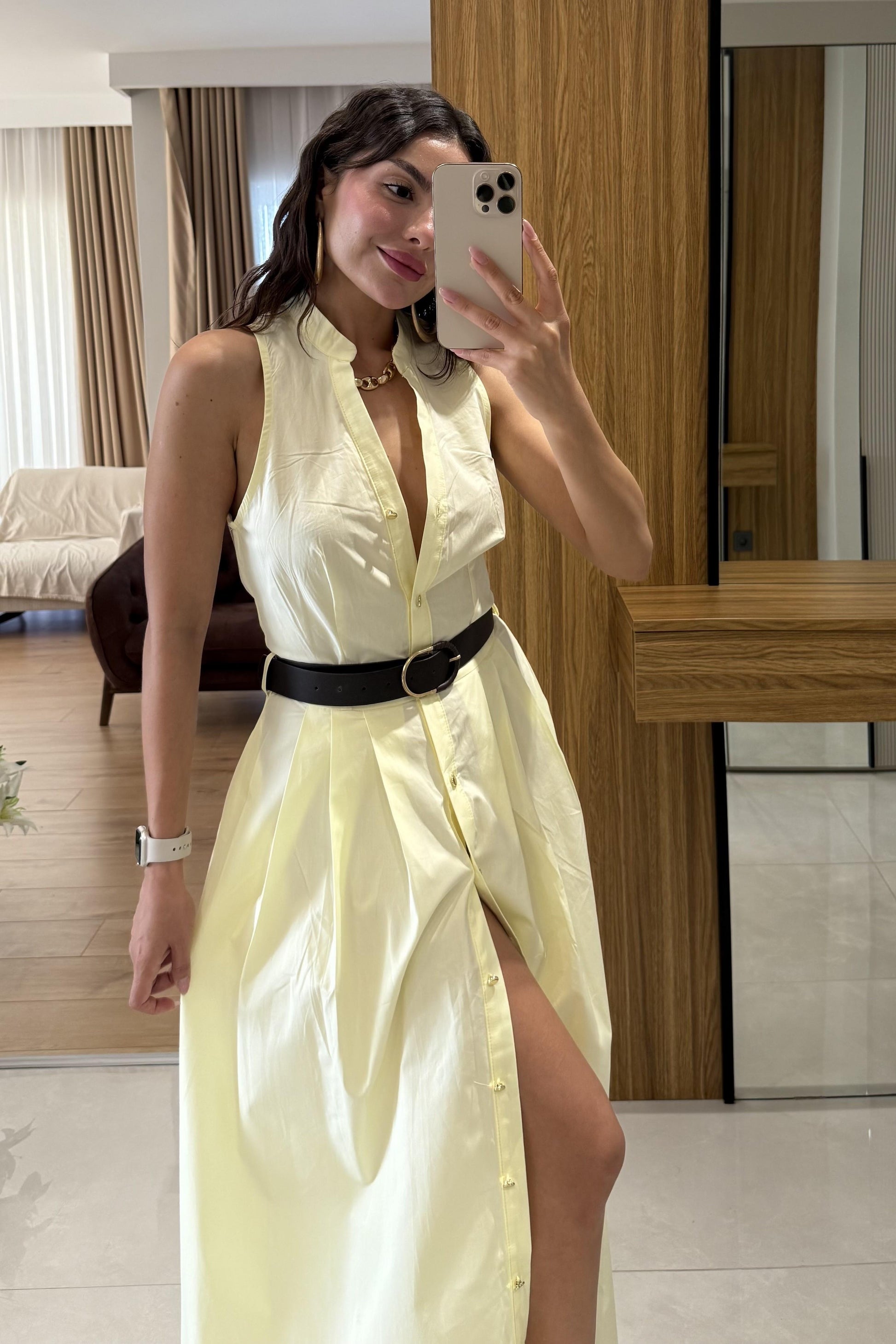 Magnolia Sarı Kemerli Poplin Elbise