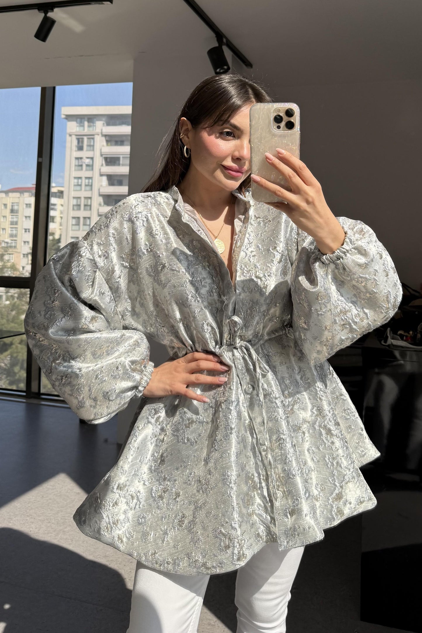 Magy Gri Belden Bağlamalı Ceket