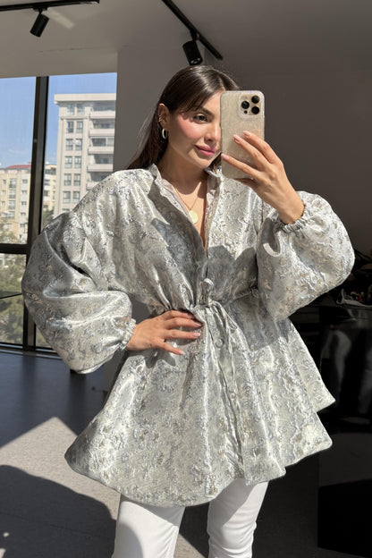 Magy Gri Belden Bağlamalı Ceket