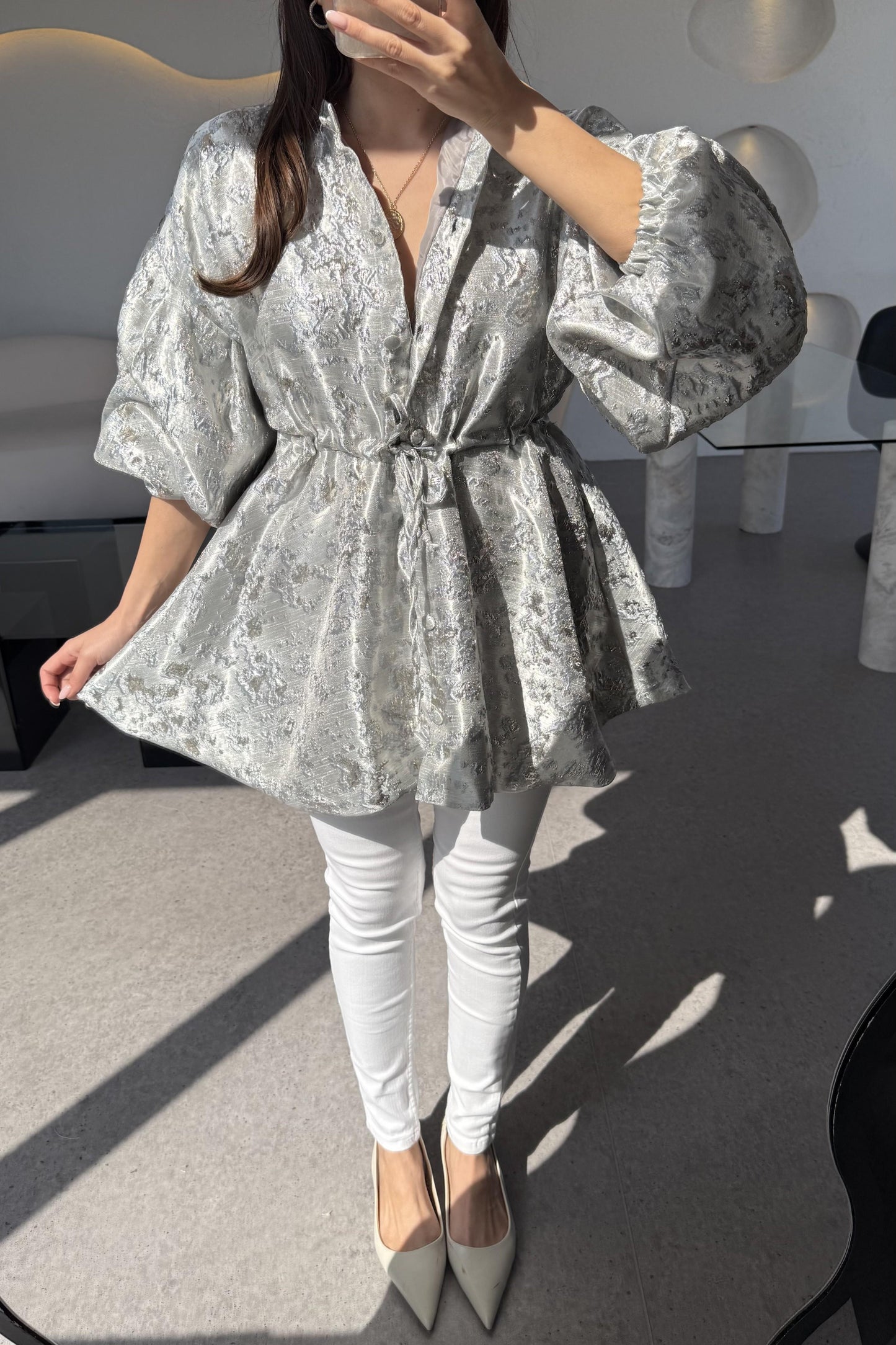 Magy Gri Belden Bağlamalı Ceket