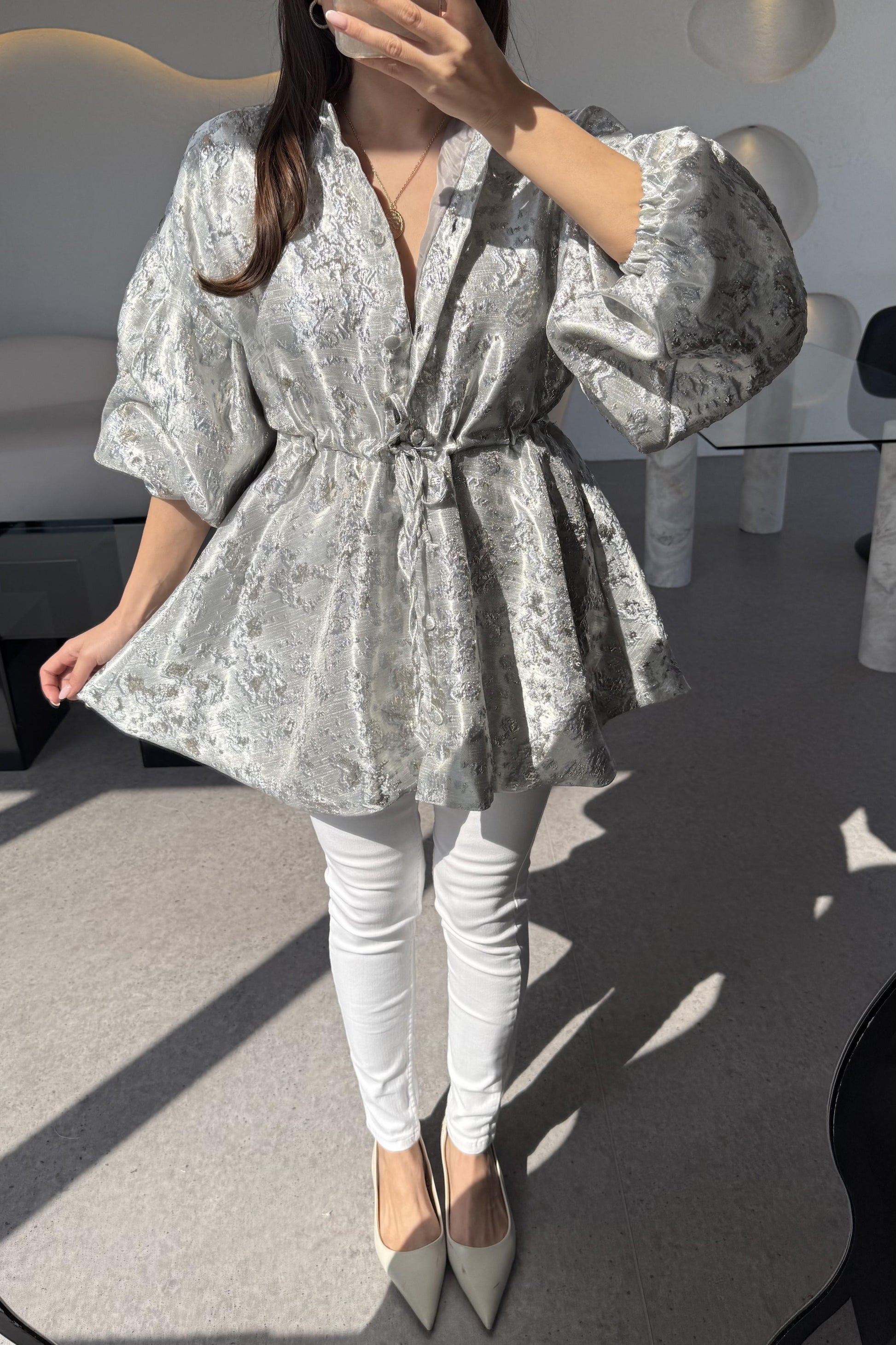 Magy Gri Belden Bağlamalı Ceket