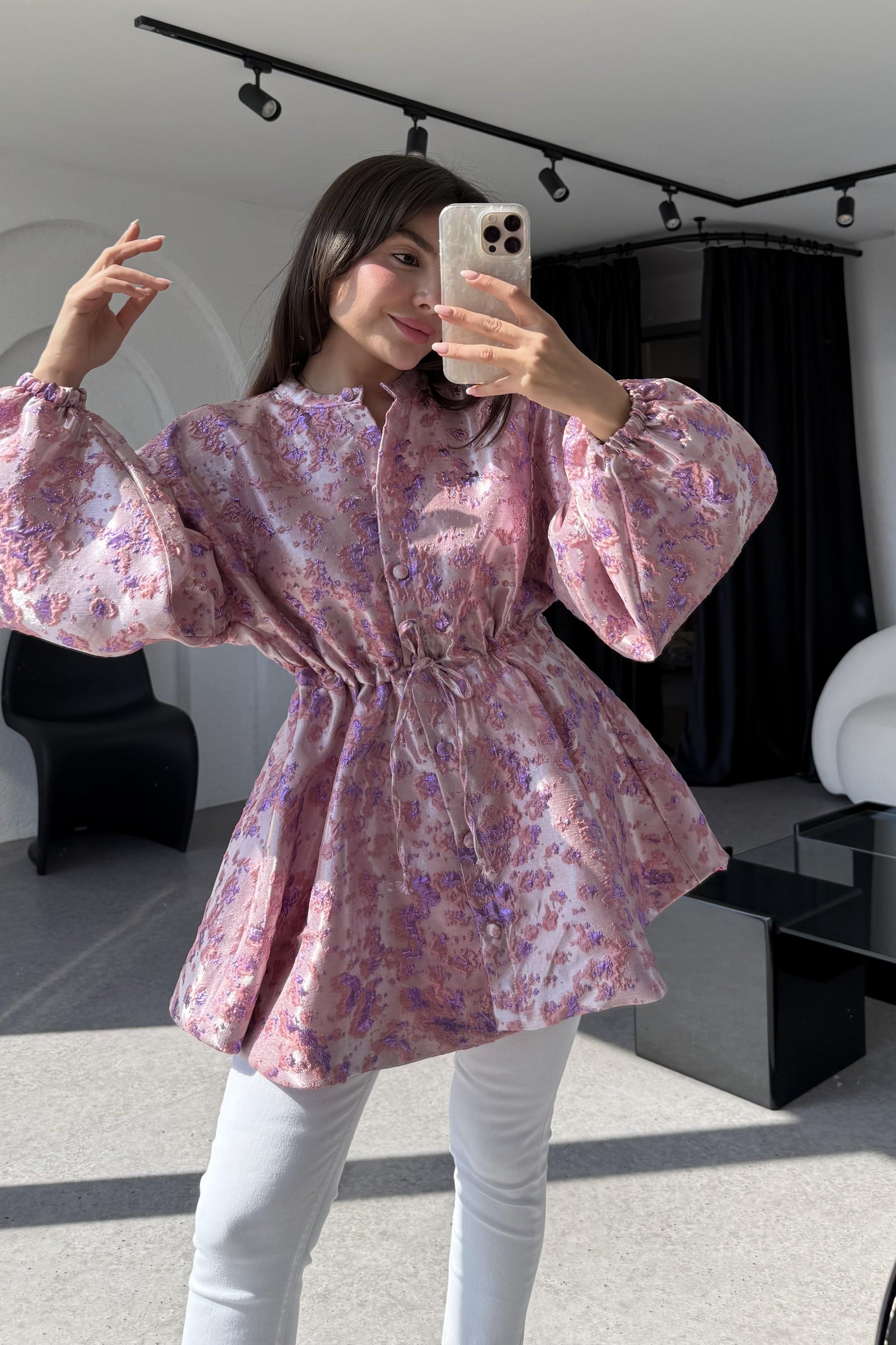 Magy Pembe Belden Bağlamalı Ceket
