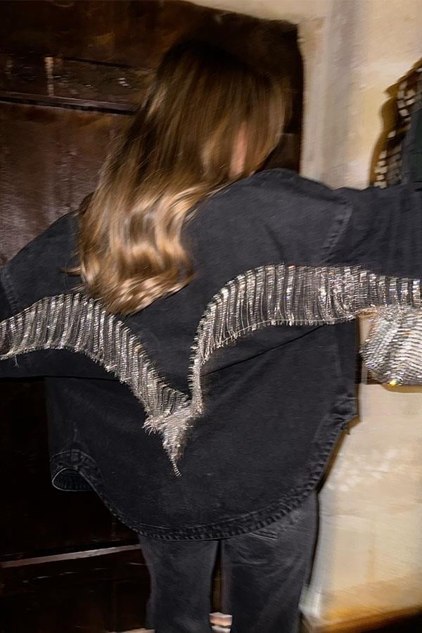 Maika Arkası Taşlı Siyah Kot Ceket