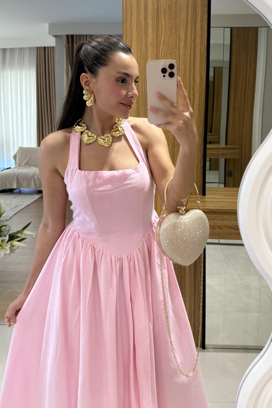 Maison Pembe Boyundan Bağlamalı Keten Elbise