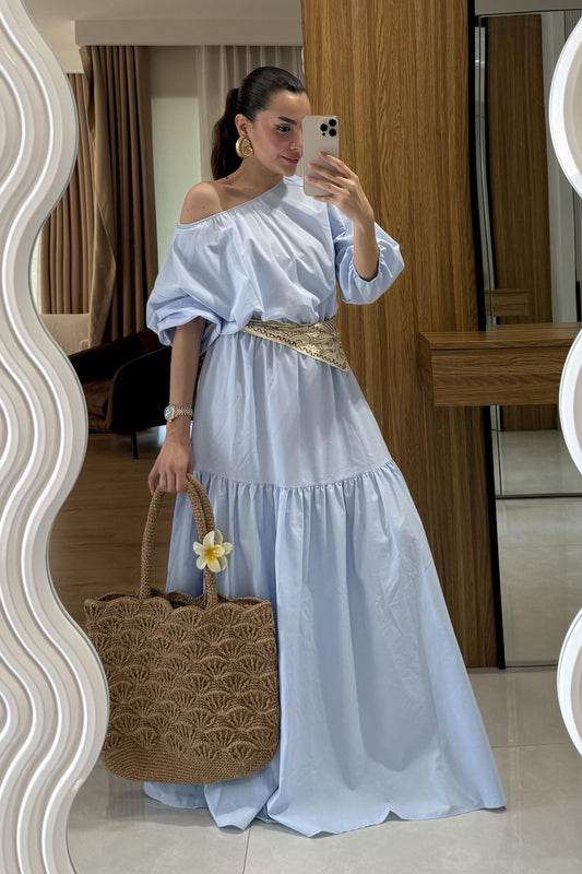 Majuro Bebe Mavi Boğumlu Poplin Elbise