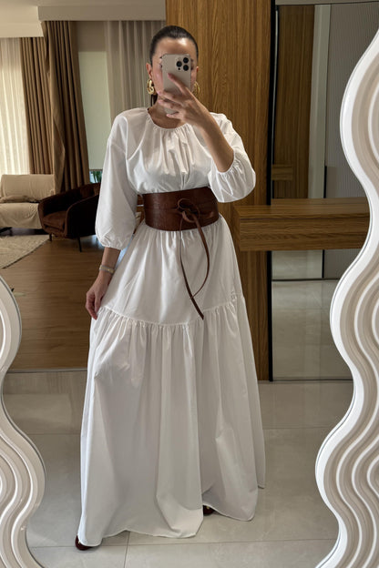 Majuro Beyaz Boğumlu Poplin Elbise