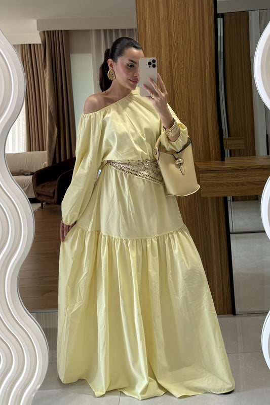 Majuro Sarı Boğumlu Poplin Elbise