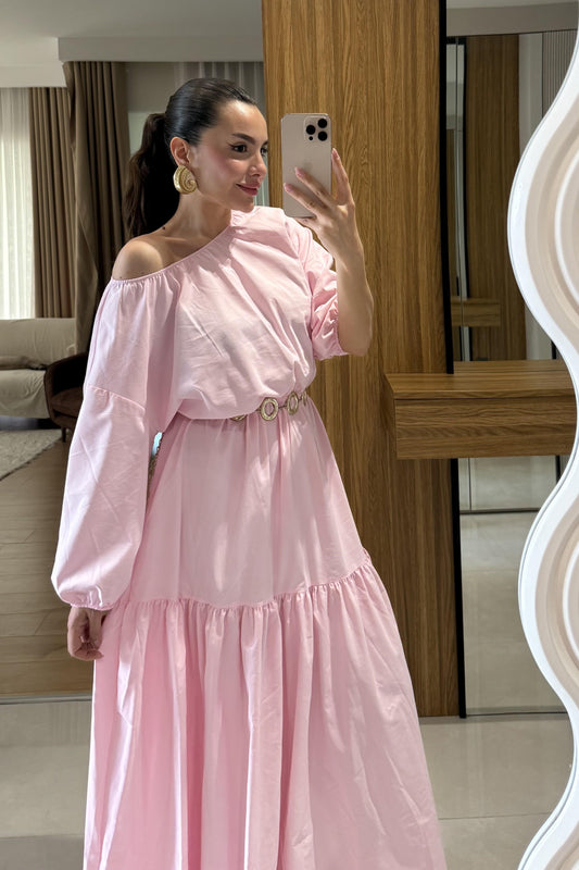 Majuro Toz Pembe Boğumlu Poplin Elbise