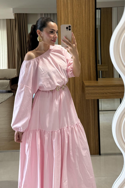 Majuro Toz Pembe Boğumlu Poplin Elbise
