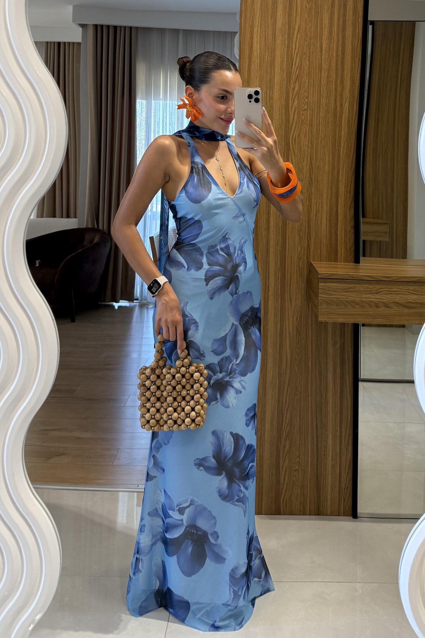 Maldive Mavi Çiçek Desen Tül Astarlı Elbise