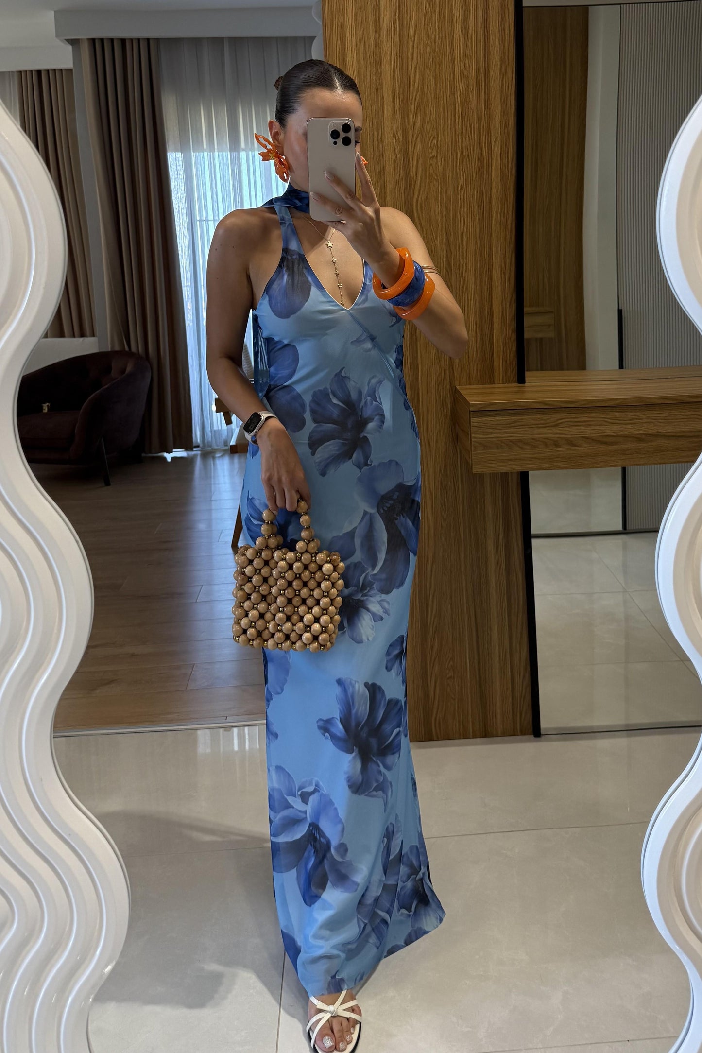 Maldive Mavi Çiçek Desen Tül Astarlı Elbise