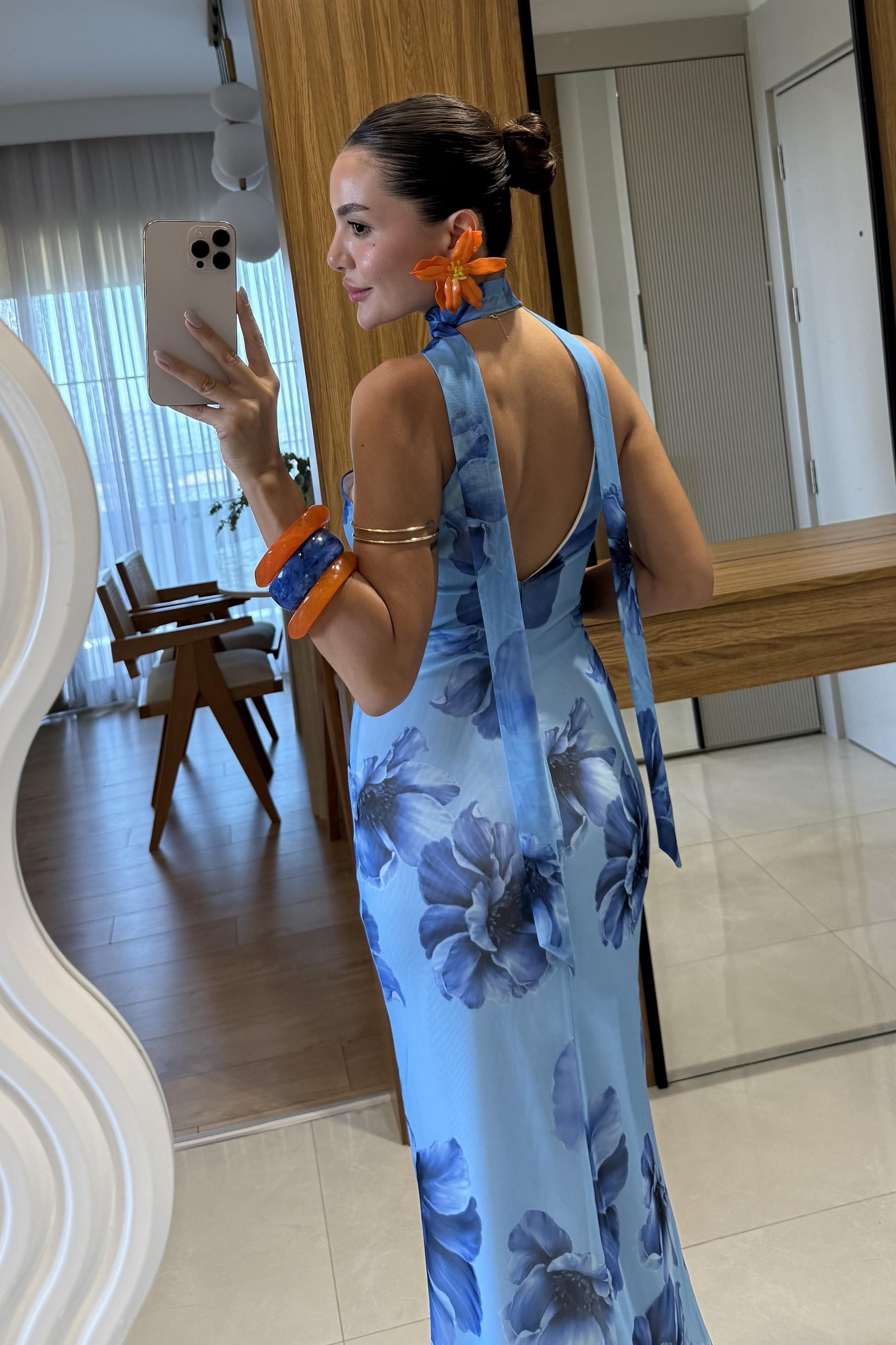 Maldive Mavi Çiçek Desen Tül Astarlı Elbise