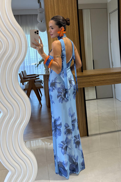 Maldive Mavi Çiçek Desen Tül Astarlı Elbise