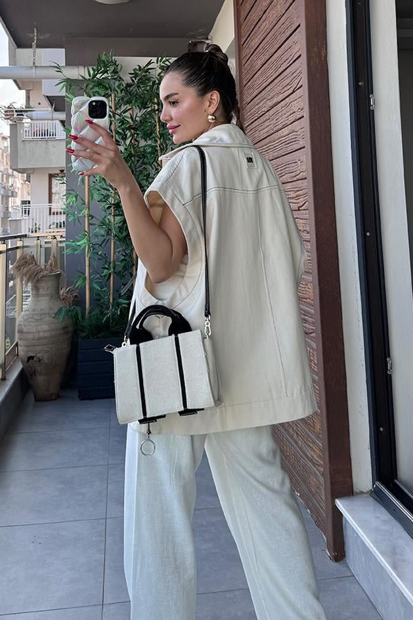 Mandarin Gabardin Yelek - Krem