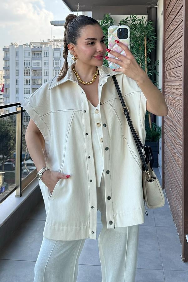 Mandarin Gabardin Yelek - Krem