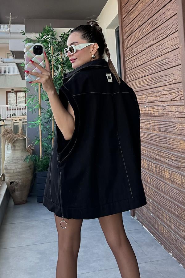 Mandarin Gabardin Yelek - Siyah