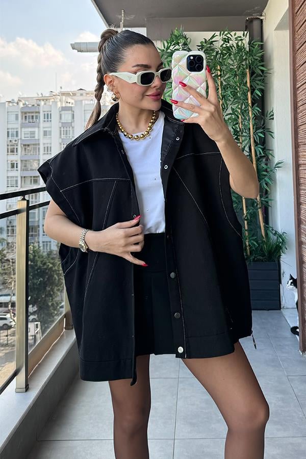 Mandarin Gabardin Yelek - Siyah