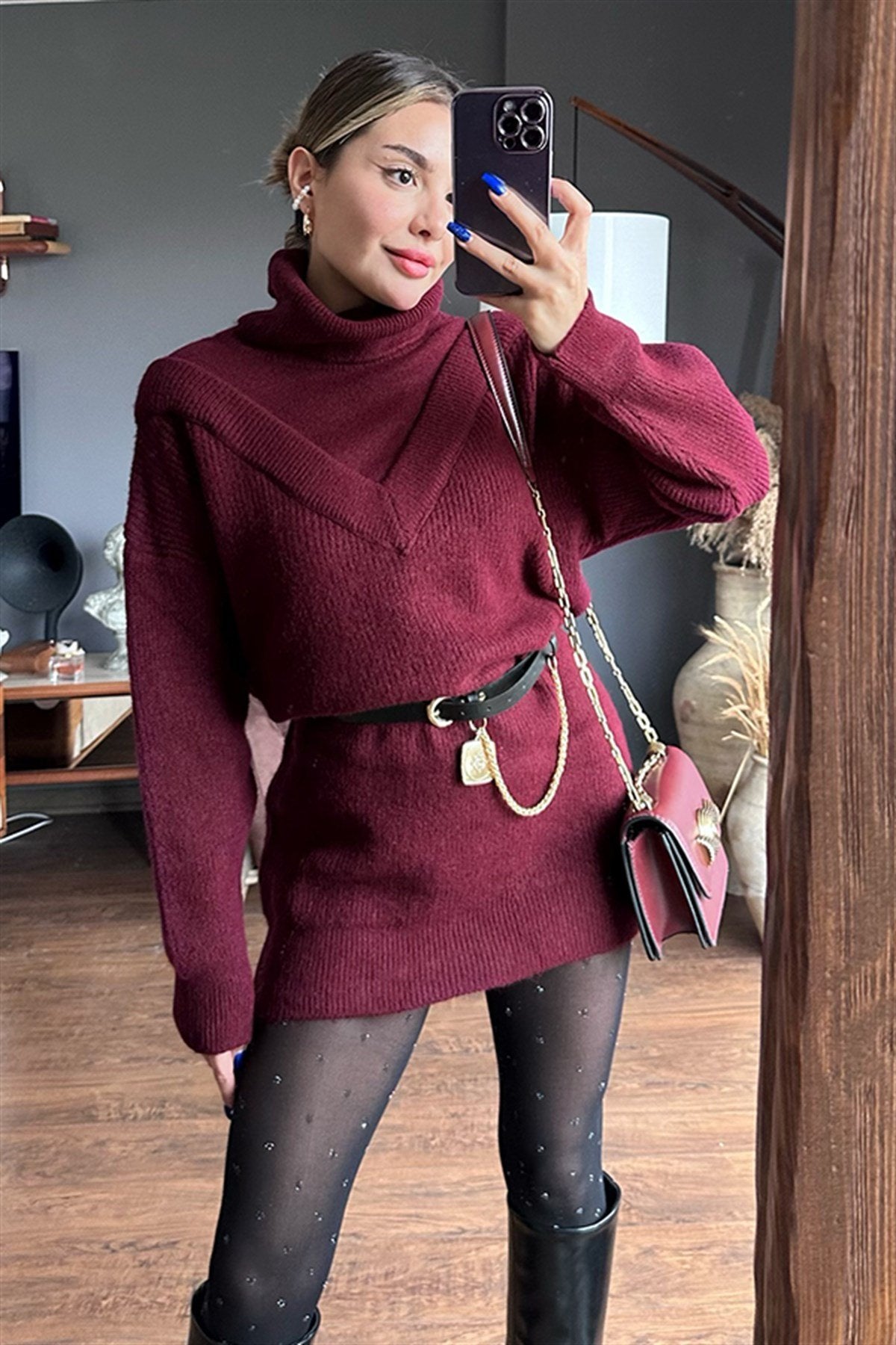 Mango bordo kazak elbise