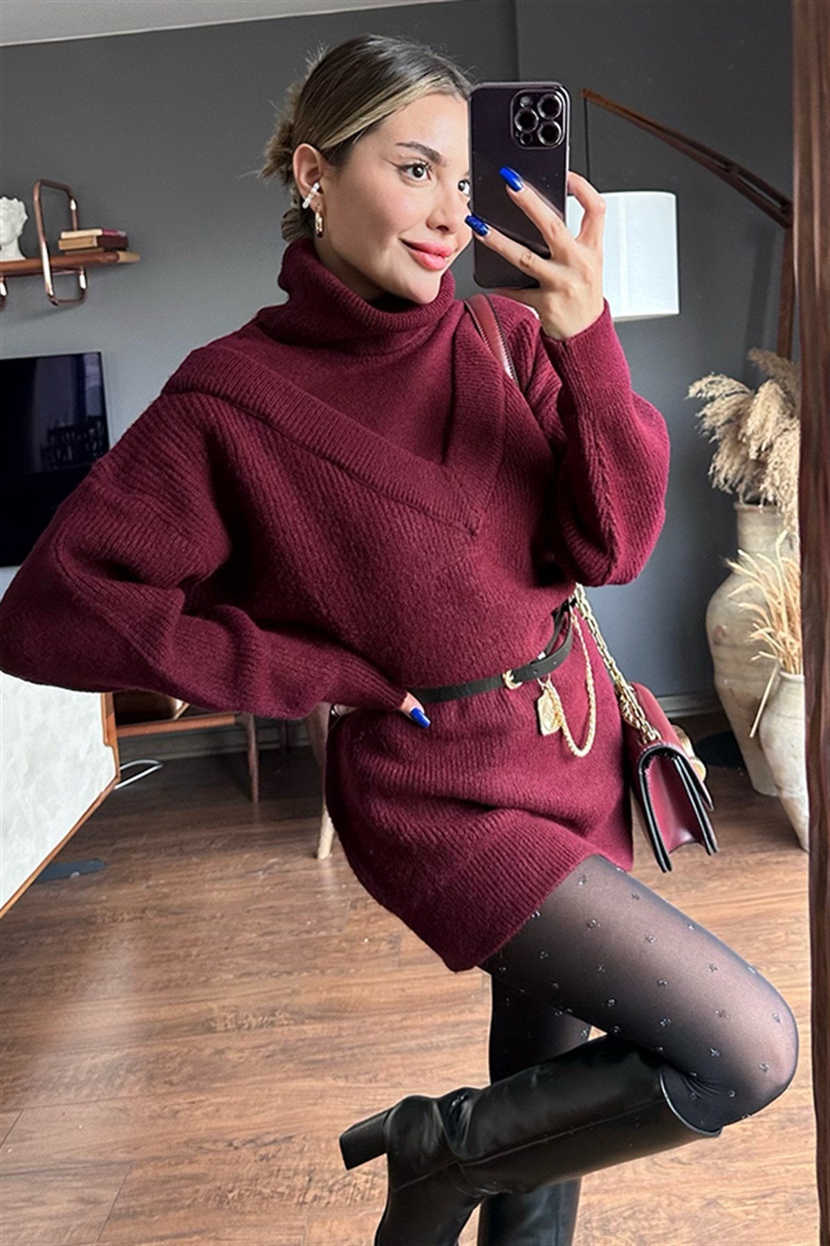 Mango bordo kazak elbise