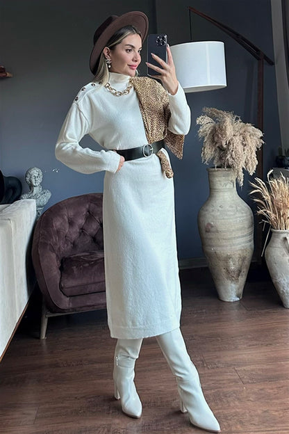 Mango düğme detaylı triko elbise