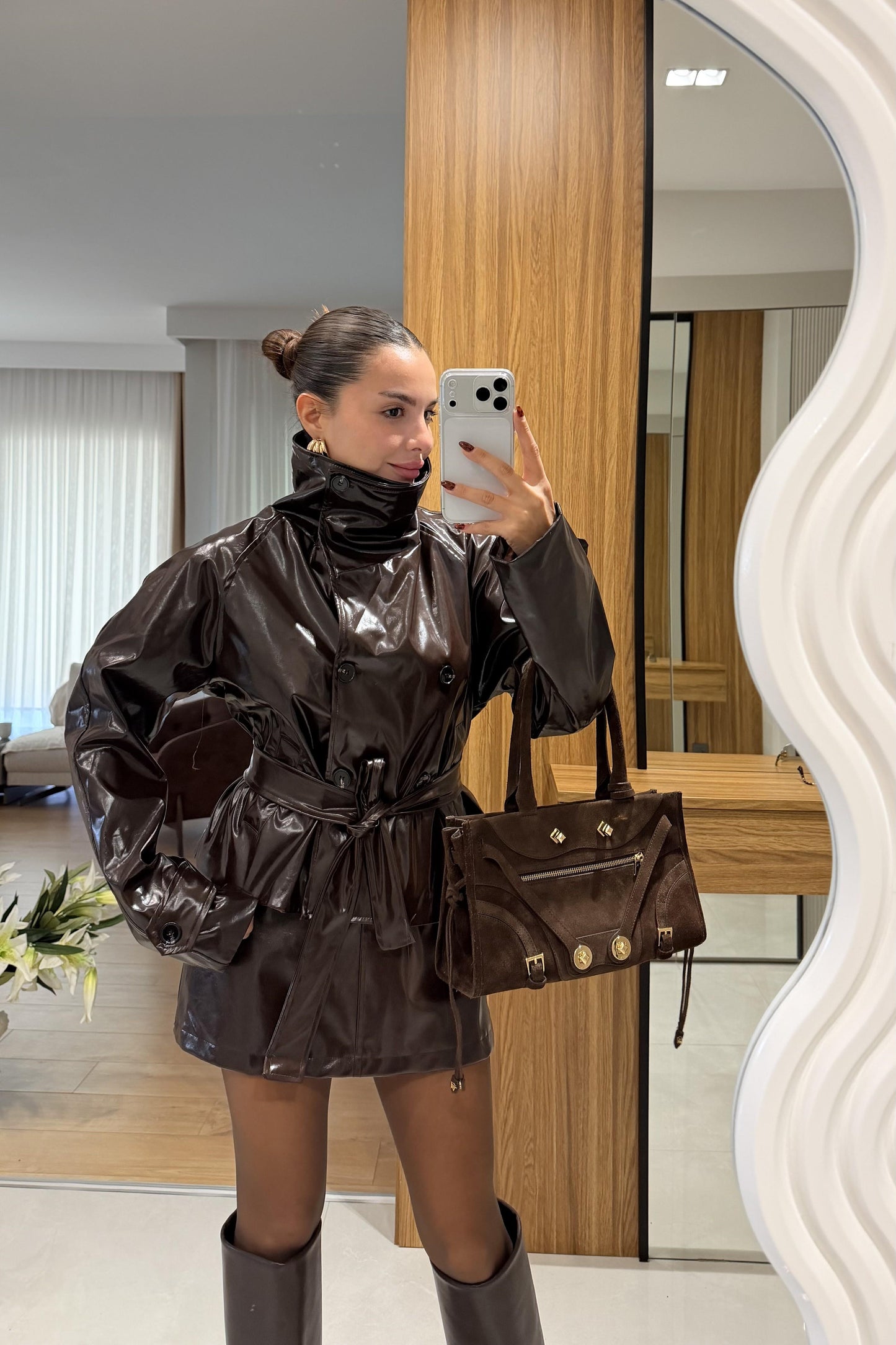 Manje Acı Kahve Rugan Dik Yaka Ceket