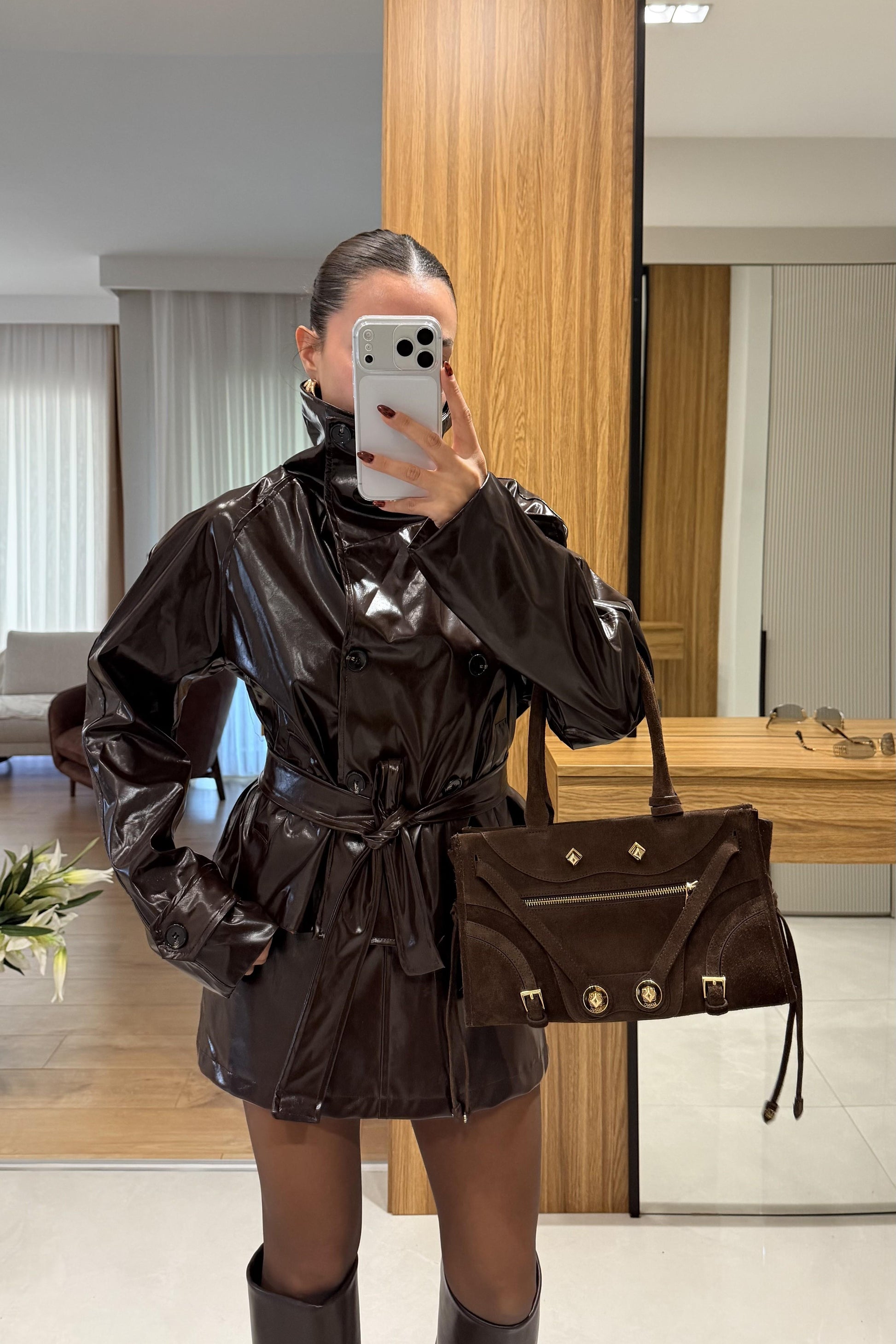 Manje Acı Kahve Rugan Dik Yaka Ceket