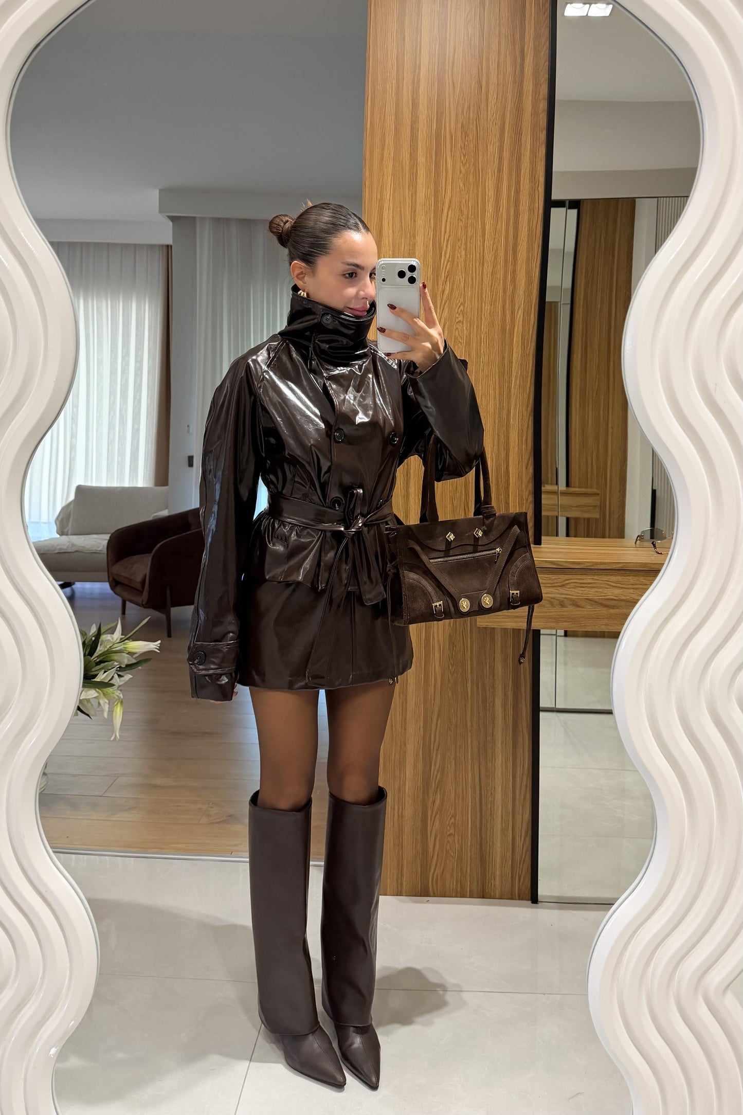 Manje Acı Kahve Rugan Dik Yaka Ceket