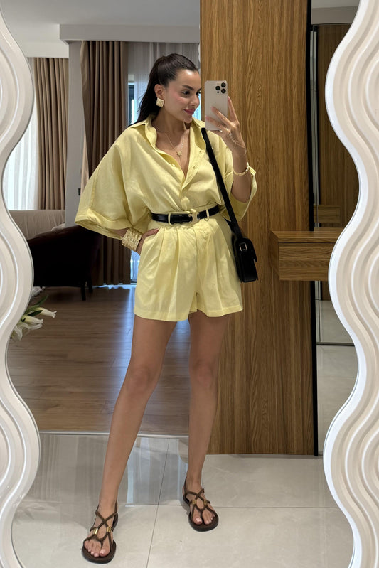 Mareis Sarı Gömlek Şort Keten Takım