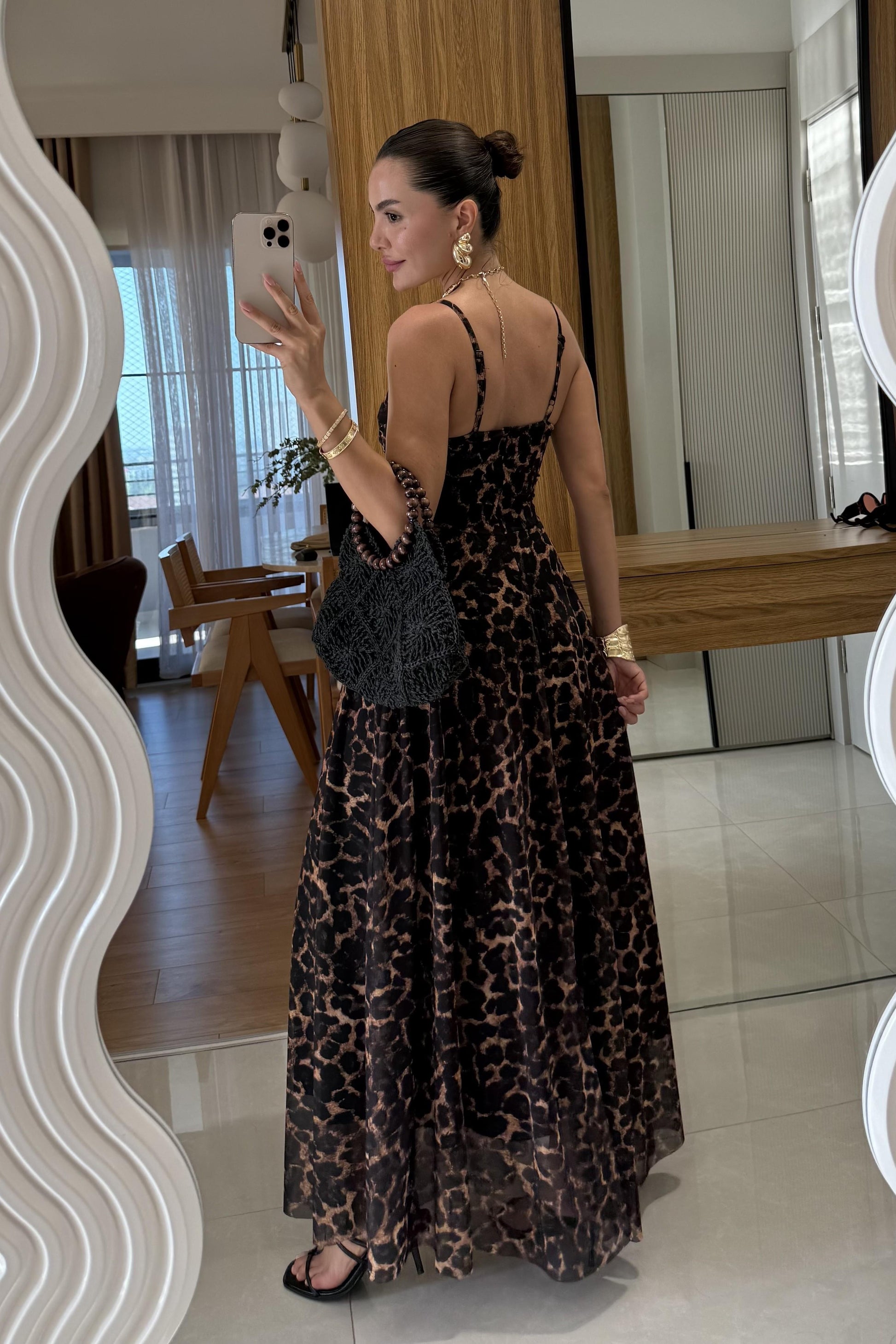 Maren İp Askılı Leopar Desen Elbise