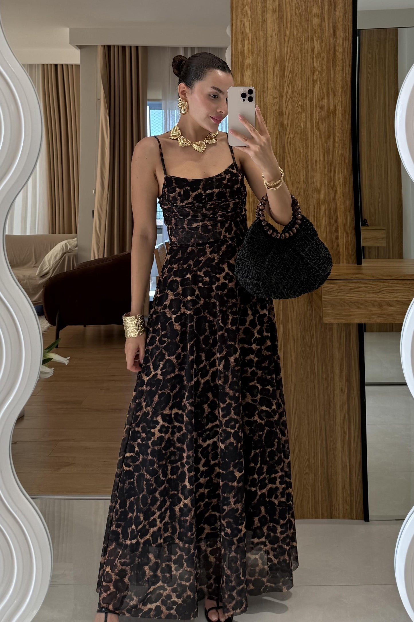 Maren İp Askılı Leopar Desen Elbise